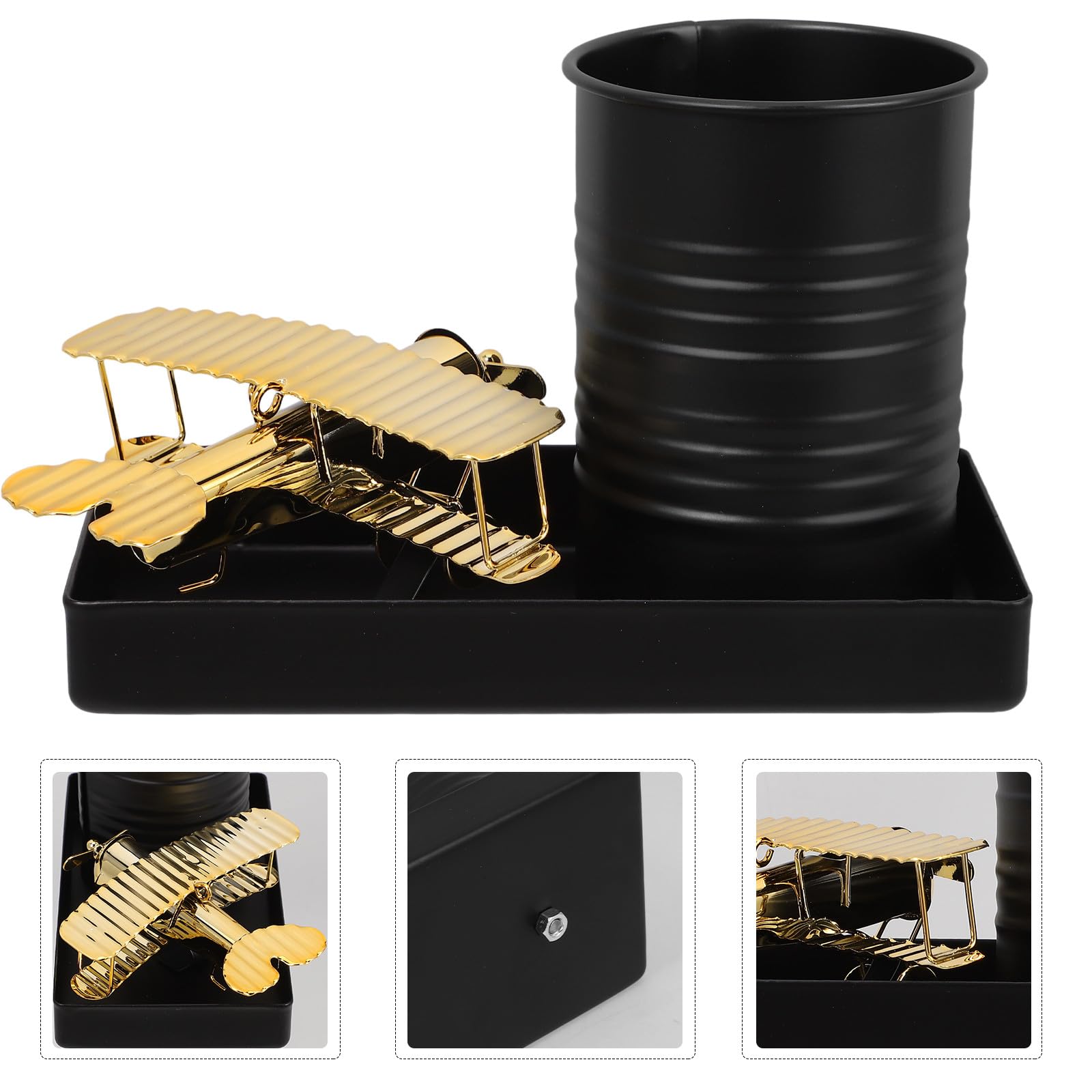 SHERCHPRY Portapenne Organizzatore Compatto e Facile da Pulire Design Retrò Aereo in Ferro Oro da Scrivania per Ufficio e Studio