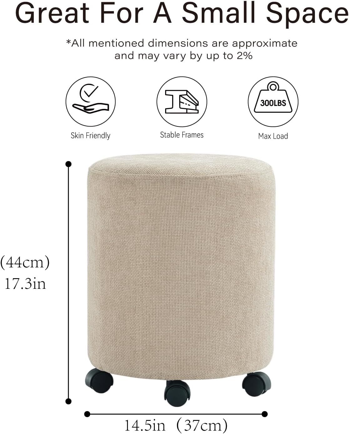 Get Set Style Ottoman with Wheels, Rolling Vanity Stool for Makeup, Upholstered Vanity Rolling Chair Footrest Round Ottoman Foot Stool for Living Room, Bedroom Creamy