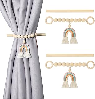 DNIEBW Set of 2 Wood Bead Curtain Tieback, Boho Curtain Holdbacks Rainbow Windows Curtain Tiebacks Drapery Tie Curtain Holdbacks Rope Window Treatment for Farmhouse Decorative