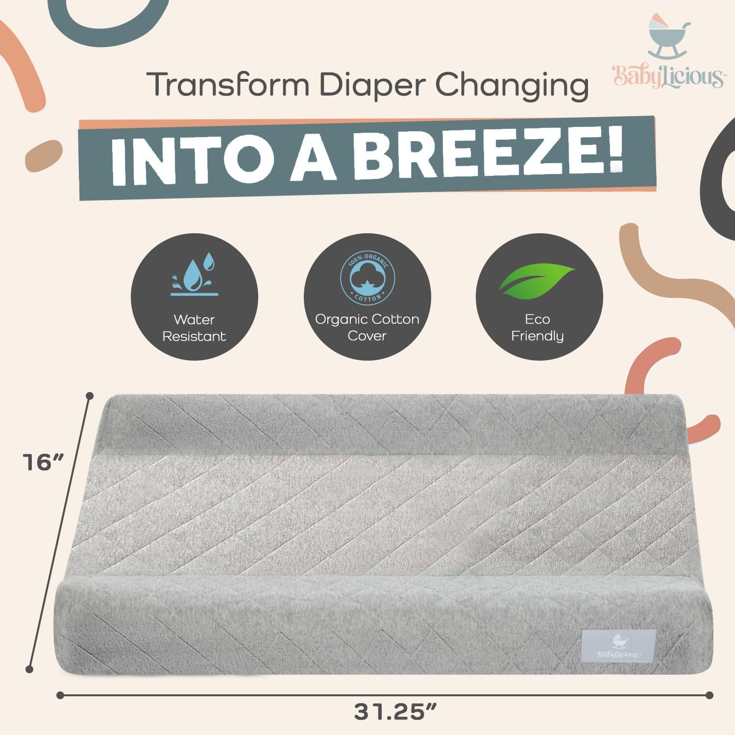 Contoured Baby Changing Pad – Waterproof & Breathable Diaper Changing Pad | Removable Washable Cover, Non-Slip Base & Safety Strap | Standard Size for Dresser & Changing Table Pads
