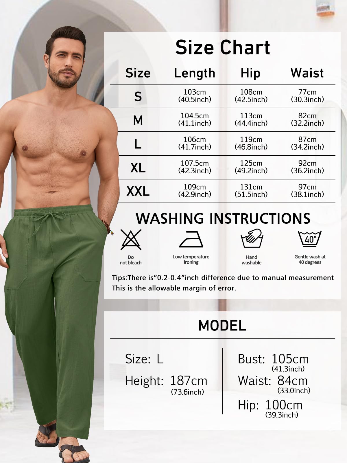 Pantalon Lino Hombre Pantalones de Verano Ligero Corte Holgado con Cintura Elástica y Cordón, con Bolsillos, para Playa, Vacaciones y Uso Diario