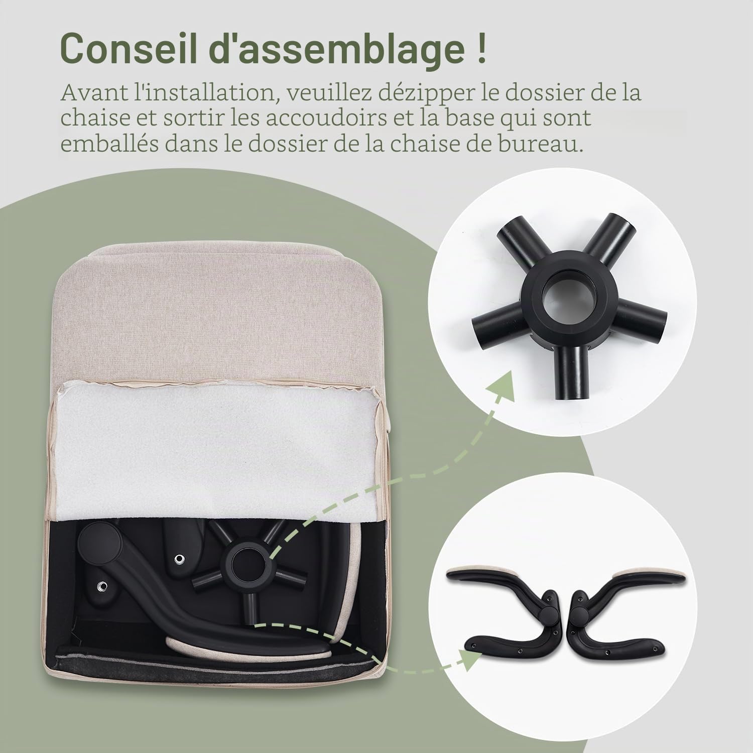 CASTLOVE Chaise de bureau ergonomique avec accoudoirs rembourrés, pliable, hauteur réglable, fonction bascule et appuie-tête, confortable pour chaise de bureau à domicile, 150 kg, tissu beige