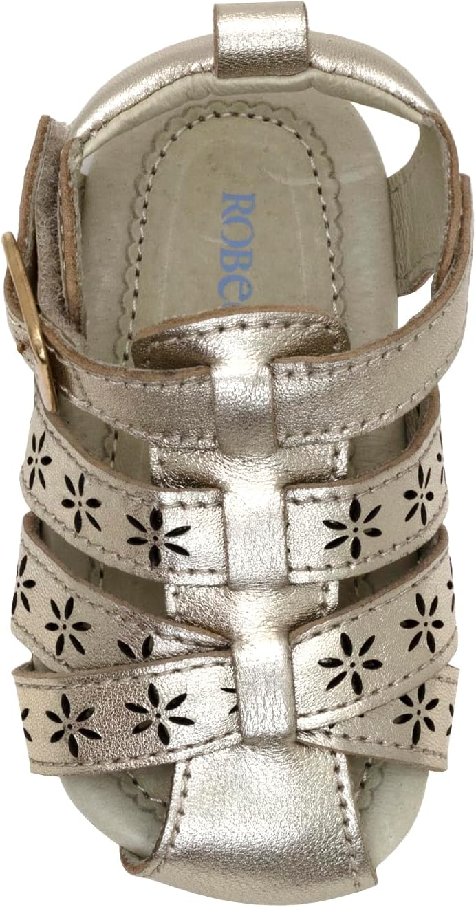 Robeez First Kicks Baby Girl and Unisex Sandals for Infant/Toddlers - 0-24 Months, Fleur Gold Leather, 18-24 Months