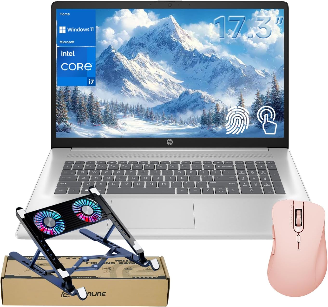 HP Flagship Laptop, 17.3" HD+ Touchscreen, Intel Core i7-1355U, 64GB RAM, 1TB SSD, Backlit KB, Fingerprint Reader, Wi-Fi, Windows 11 Home, Silver, Bundle with PCO Laptop Cooler & Thunderobot Mouse
