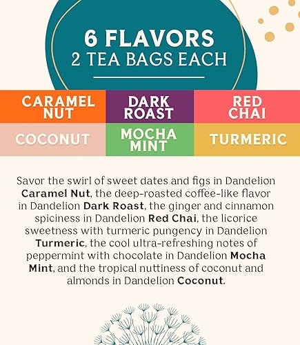 Miniatura 5 de Teeccino Muestra de té de diente de león, caramelo, coco, tostado oscuro, menta moca, chai rojo, cúrcuma, sustituto de café prebiótico | Sin cafeína