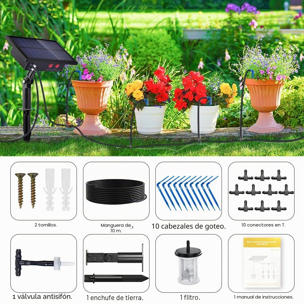 Riego por goteo solar, kit riego por goteo con 10 M manguera, sistema riego automatico con 10 puntas de goteo, autorriego para macetas para jardin, interior, terraza.