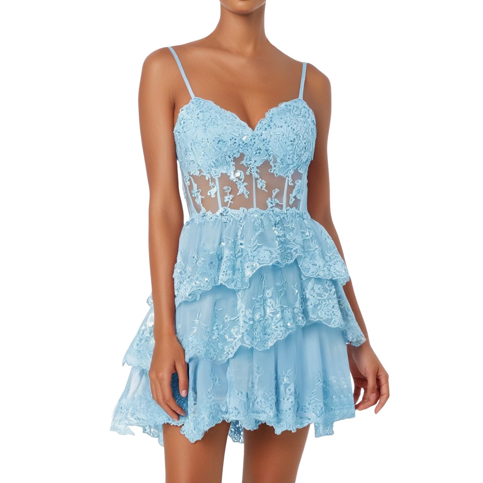 Vestido de Formal para Mujer con Aplicaciones de Encaje y Diseño Escalonado en Línea A