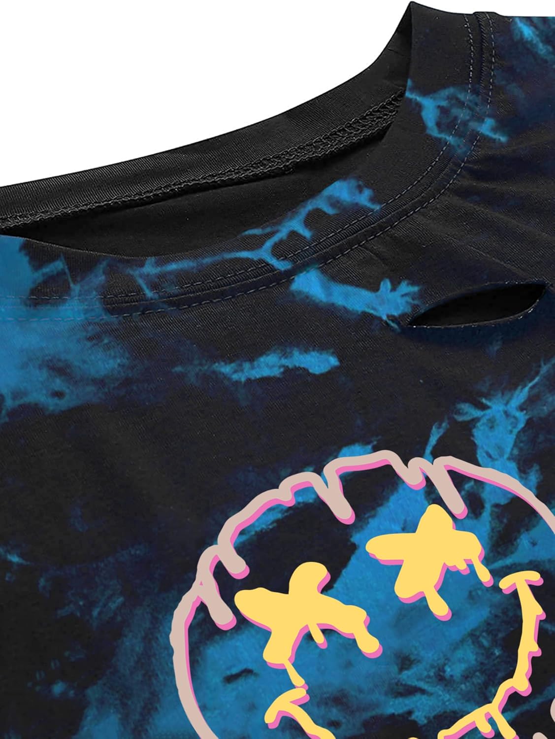 Avanova Women's Tie Dye Smile Face Graphic Tee Summer Short Sleeve Distressed Crop Top Tie Dye Blue Large - Image 4