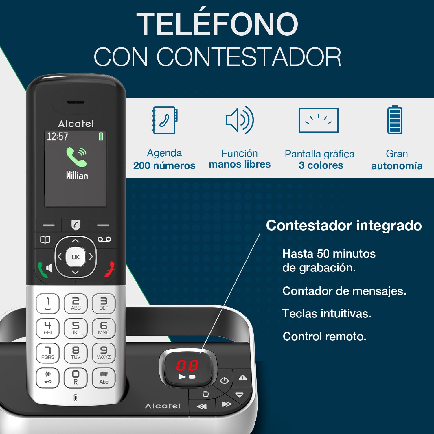 ALCATEL FX990 Voice Teléfono inalámbrico DECT con contestador, pantalla color, manos libres, bloqueo llamadas, 50 min, Negro/Gris