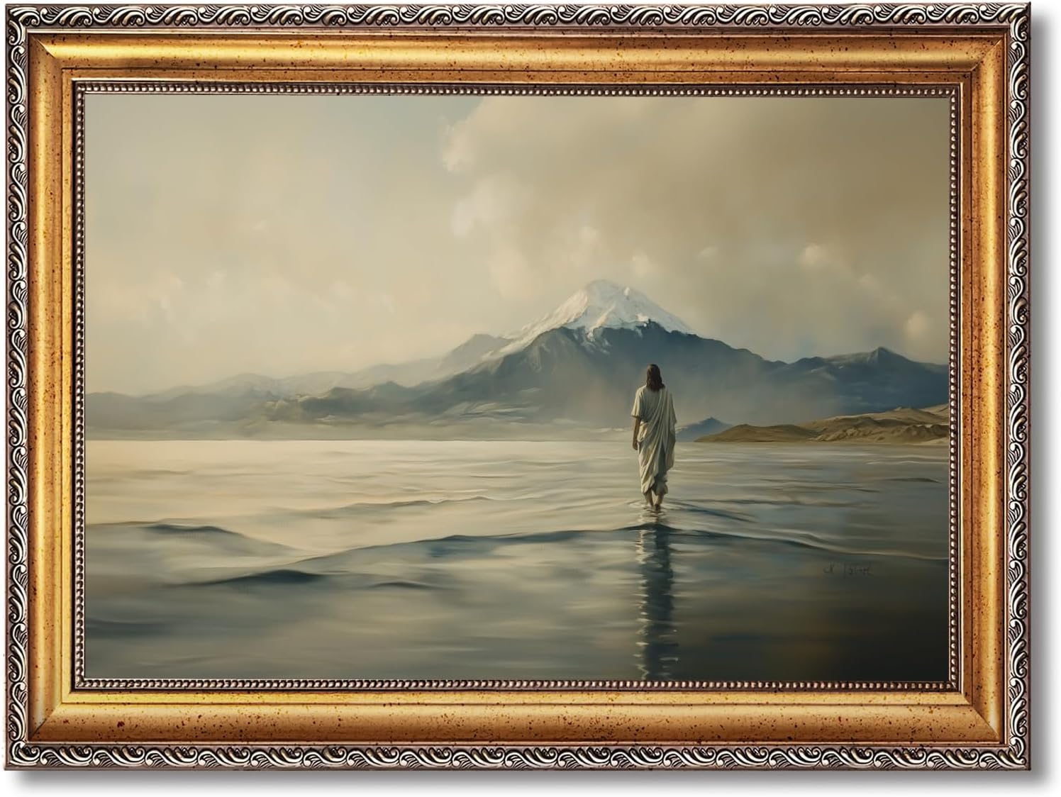 Large Framed Jesus Walking on Water Canvas Wall Art Vintage Inspirational Bible Miracle Oil Painting Poster Modern Faith-Based Spiritual Farmhouse Decor for Christians Prayer Room 24x36inch