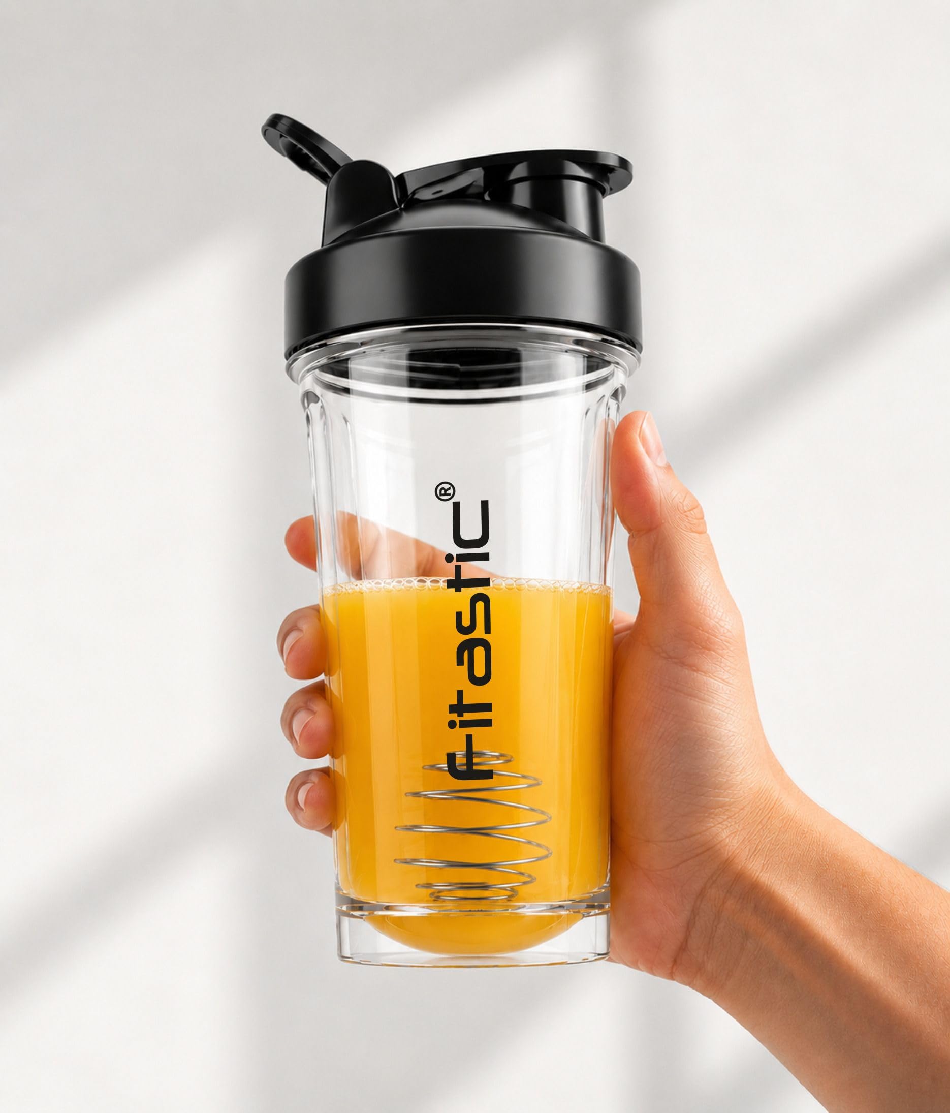 FITASTIC Bolt White Black cap Transparent Shaker Bottle – Leak-Proof, BPA-Free, Clear 500 ml PET Shaker (Pack of 1, White-Black)
