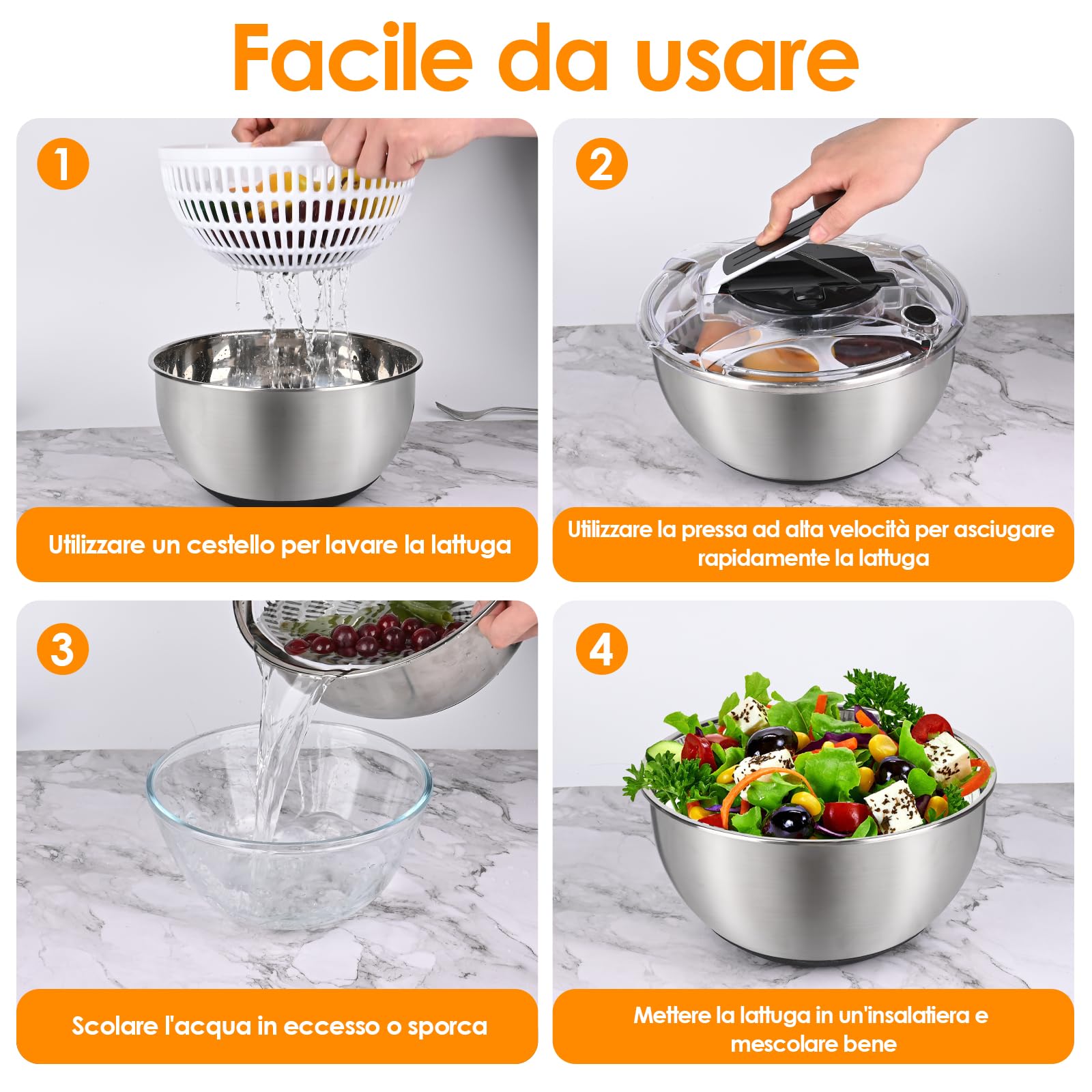 Centrifuga Insalata in Acciaio Inox, 4,5L Asciuga Insalata Centrifuga con Coperchio E Base Antiscivolo, Lava Insalata Centrifuga Ideale per Lavare E Asciugare Verdure E Pasta