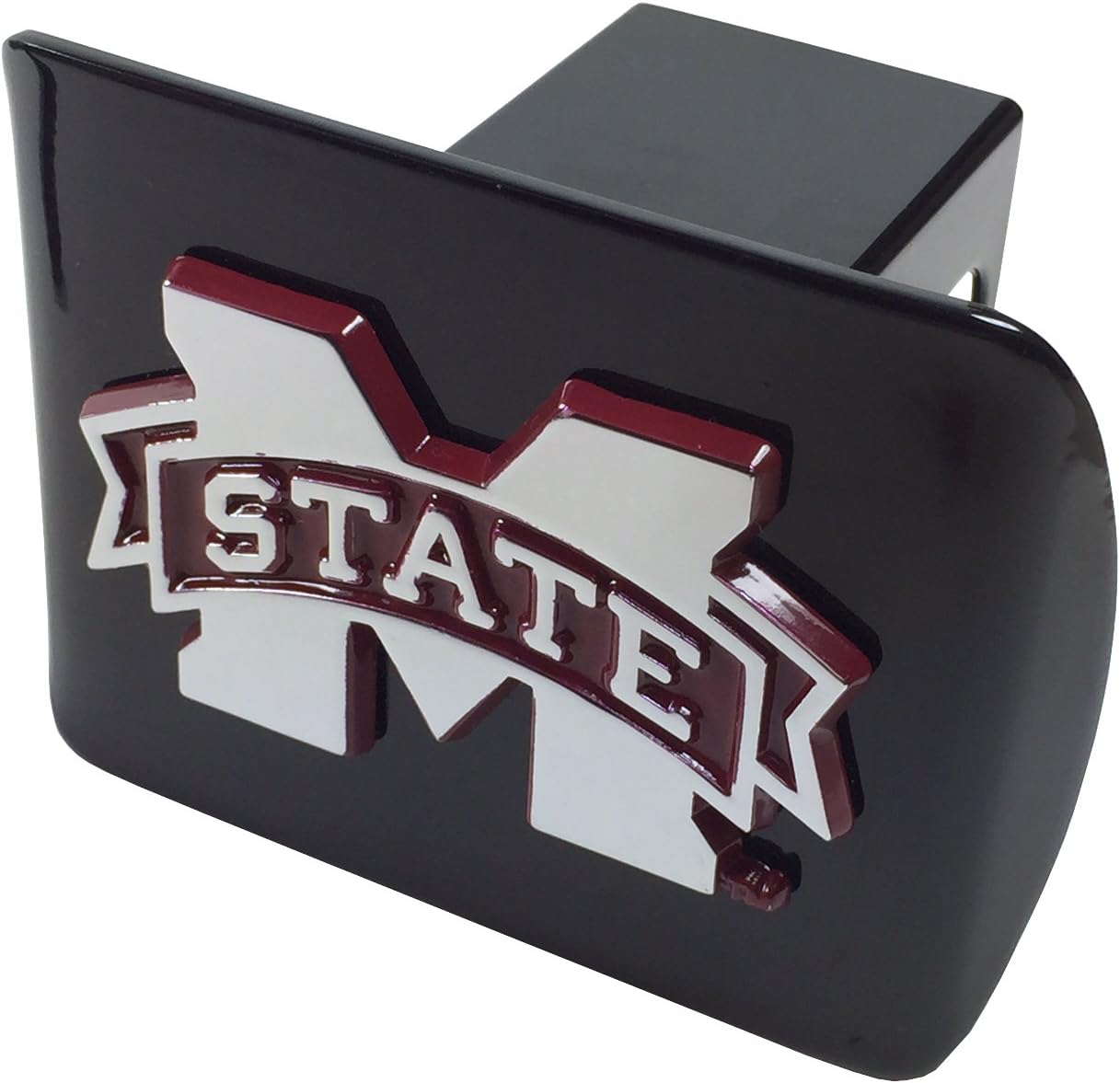 AMG Mississippi State University Metal Emblem (Chrome with Maroon Trim) on Black Metal Hitch Cover