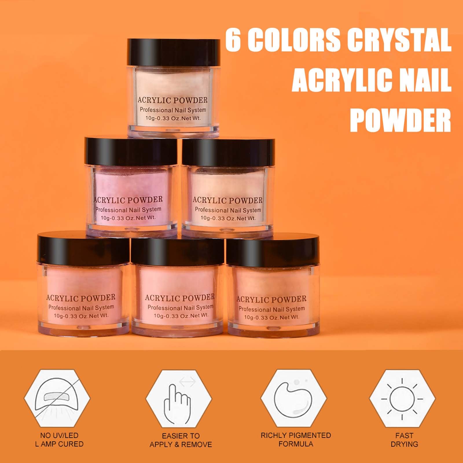 6 Shades of Nude Acrylic Powder Set for False Nail Extension & Carving - Crystal, Pink, Orange Tones - No Lamp Needed Acrylic Nail Kit - Image 3
