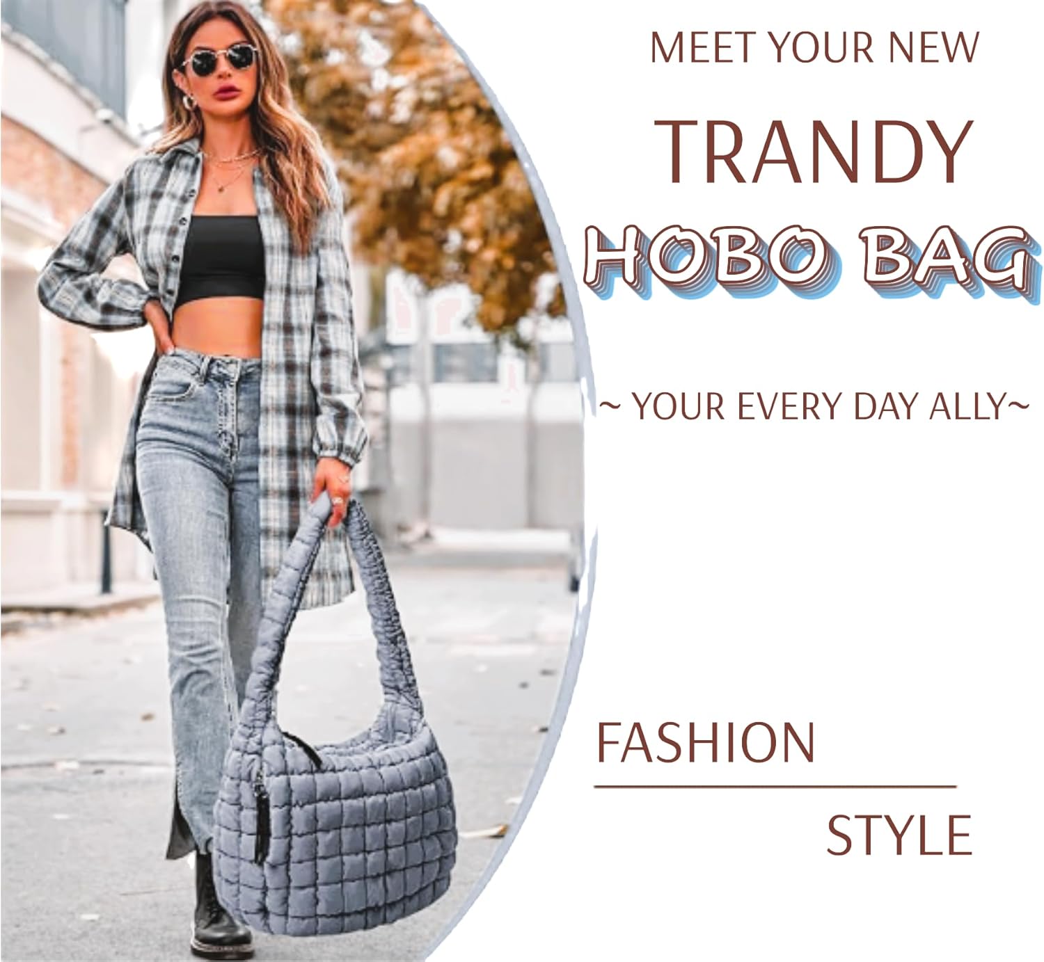 Quilted Puffer Hobo Bag, Large Nylon Crossbody Shoulder Tote, Lightweight Puffy Handbag with Zipper