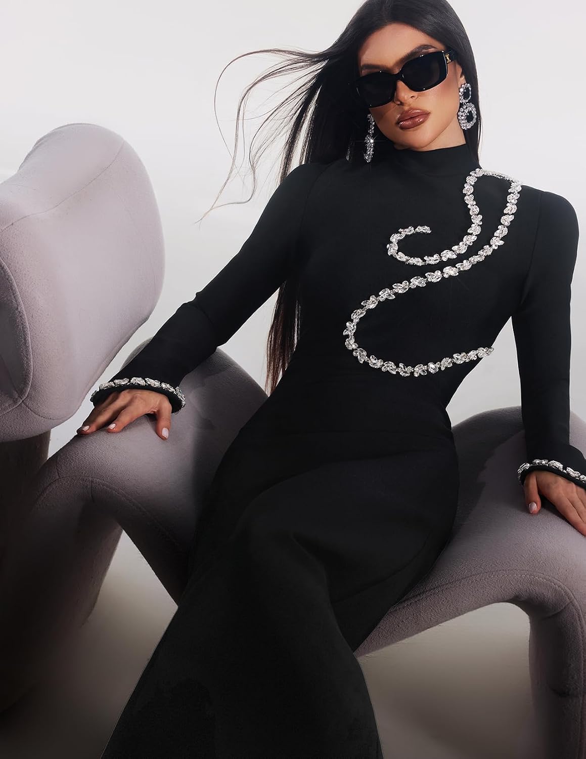 BELLA BARNETT Diamond Bandage Dress Long Sleeve Bodycon Dress Sexy Black Birthday Dress
