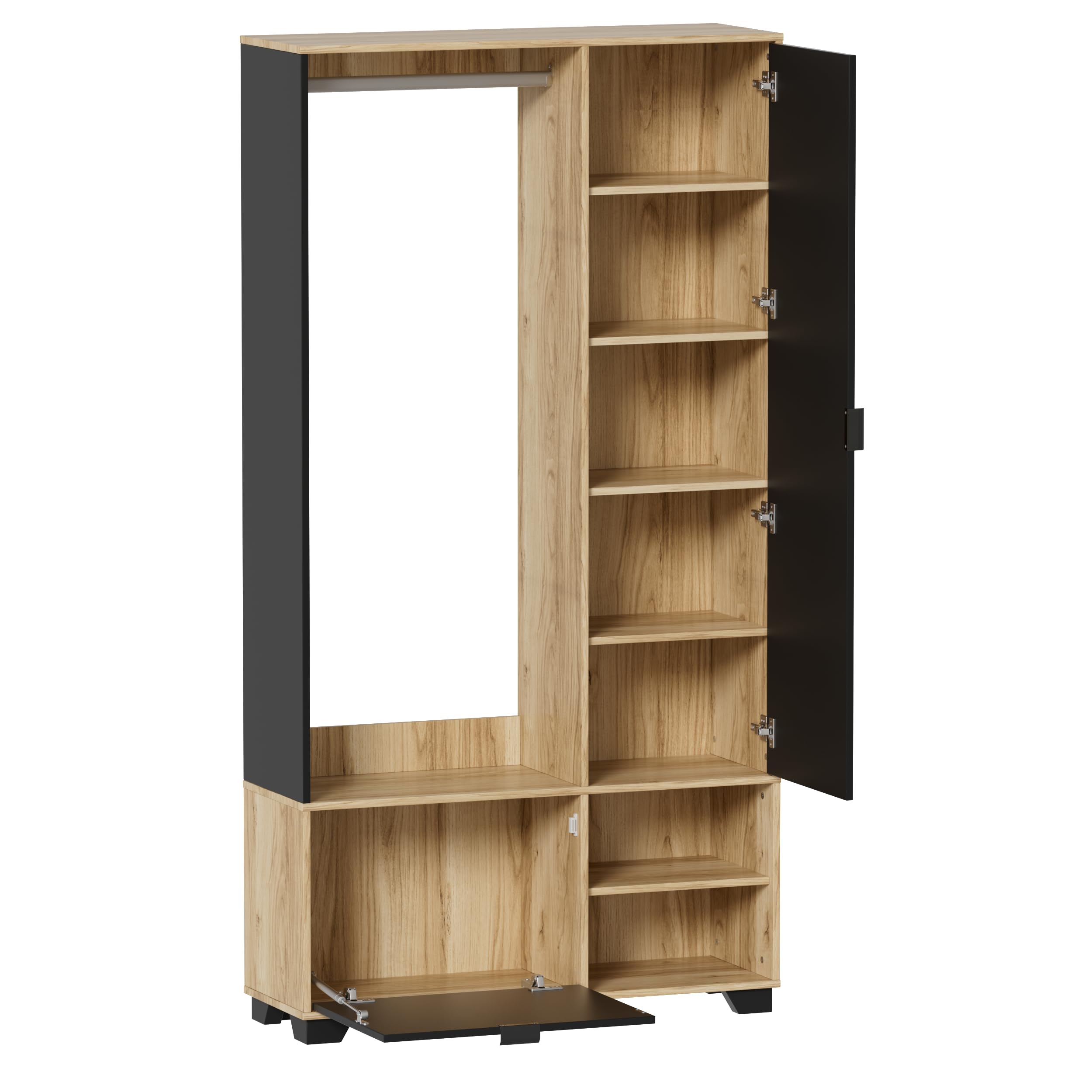 MSFE Armario Entrada con 144cm Espejo, Conjunto de Armario/Perchero con Barra, Zapatero y Compartimentos,Juego de Perchero,Mueble de entrad,No es Necesario Hacer Agujeros,100L x 33W x 190Hcm