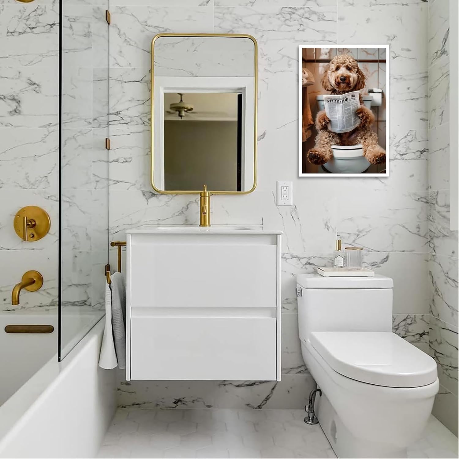 Funny Bathroom Canvas Wall Art Goldendoodle Dog Reading Newspaper On Toilet Poster Whimsical Humor Animal Prints Painting For Home Bedroom Bathroom Wall Decor 12x16in Unframed - Image 6