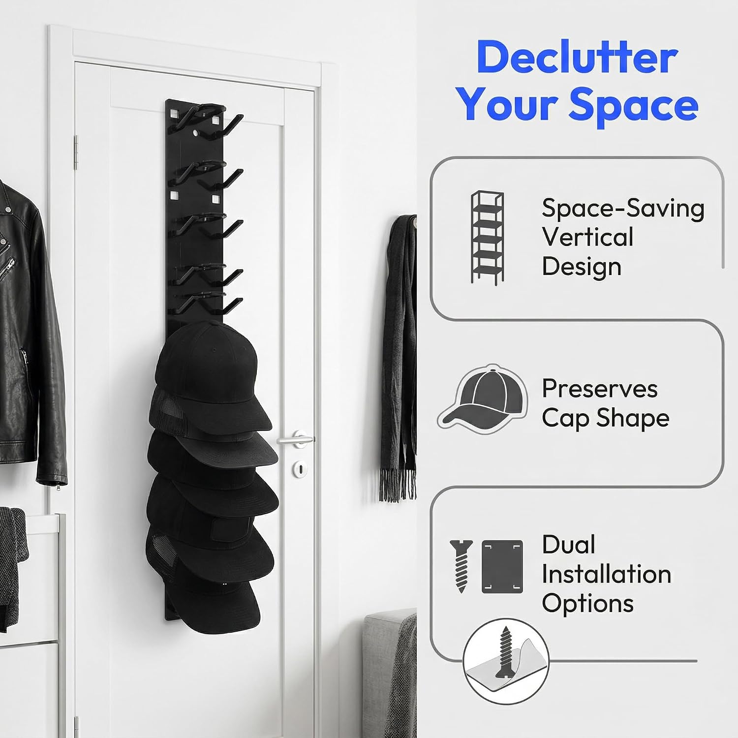 Hemobllo Baseball Cap Holder for Wall Vertical Hat Organizer Rack in Abs Wall Mounted Cap Storage Display with Multi-Slots Space-Saving Hat Storage for Bedroom Office Hotel Dorm 16.53 in image 4
