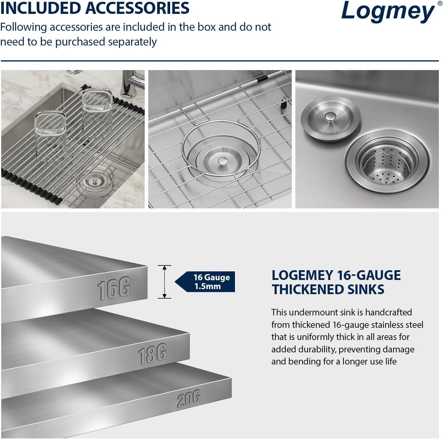 Logmey 19 Inch Undermount Bar Sink - 19x20 In Handmade Bar Prep Sink Stainless Steel 16 Gauge Small Bar Prep Sing Single Bowl Small Bar Sink