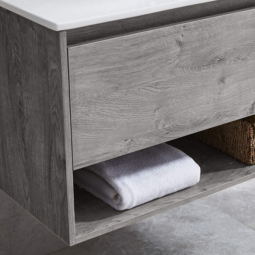 ZIK - Mobile Bagno con Lavabo e Specchio Moderno, Lavandino Bagno con Mobiletto in Legno e Ceramica, Mobile Sospeso con Finiture Eleganti e Cassetto e Vano Salvaspazio (Grigio Rovere 80cm.)