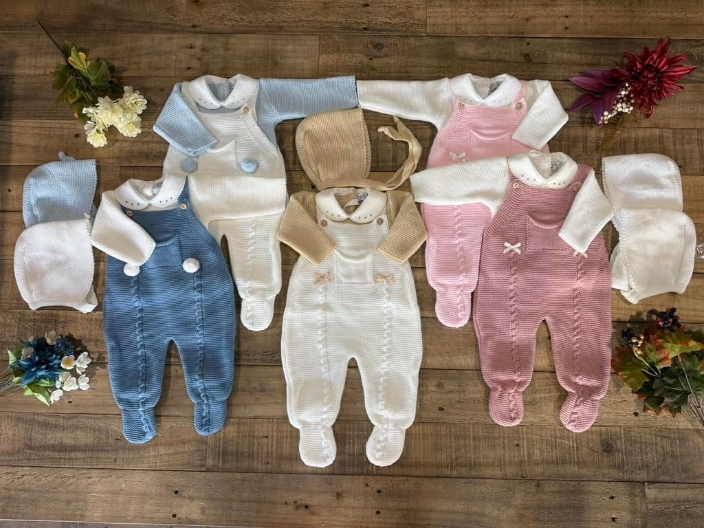 3-Piece Baby Outfit Set Knitted Infant Romper Long Sleeve Sweater Hat Overalls Boys Girls - Made in Spain