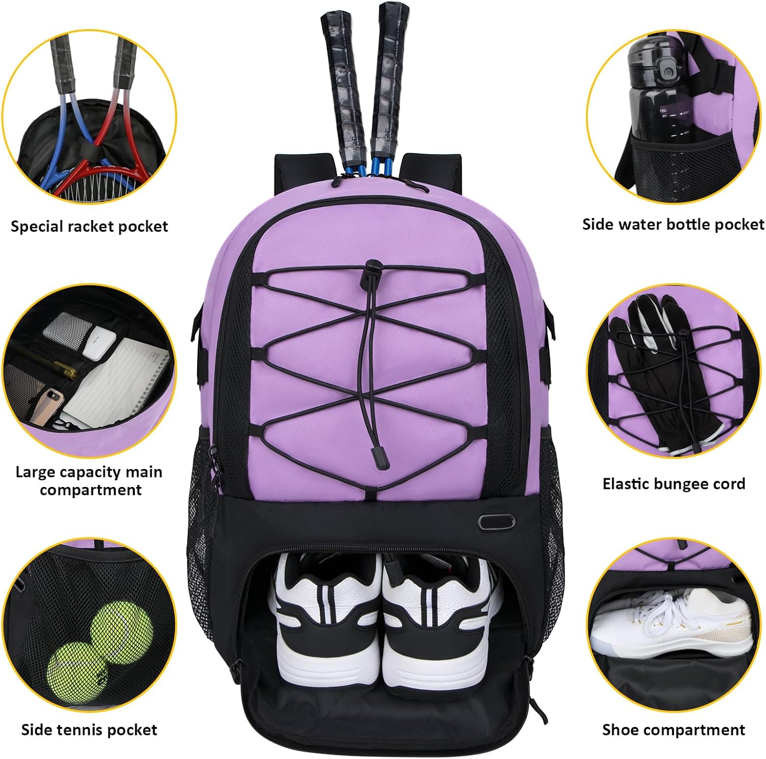 Goloni Tennis Backpack, Tennis Bag with Fence Hook & Ventilated Shoe Compartment, Holds 2 Tennis Rackets