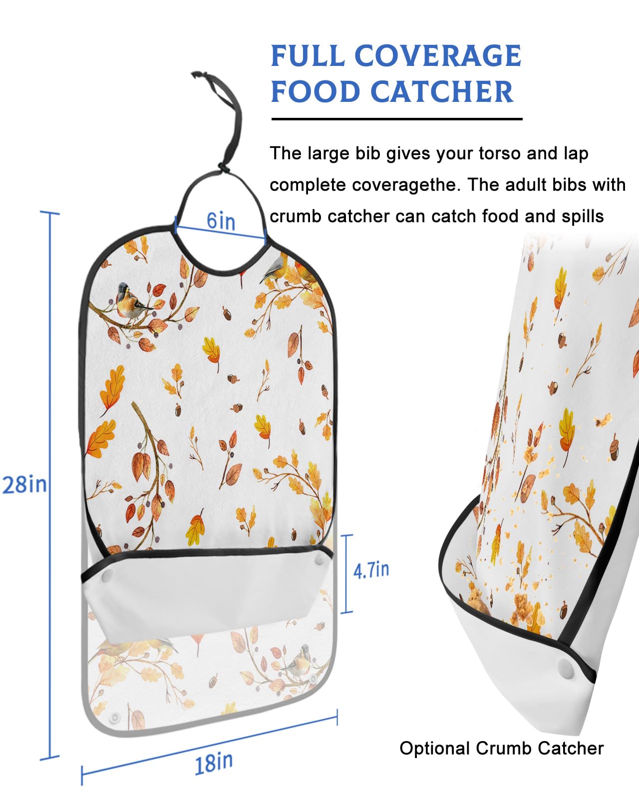 Fall Adult Bibs for Eating, Waterproof Bibs with Food Catcher & Adjustable Snap Closure, Orange Ombre Maple Leaf Autumn Botanical Birds Washable Clothing Protectors Adult Bibs for Elderly Women/Men