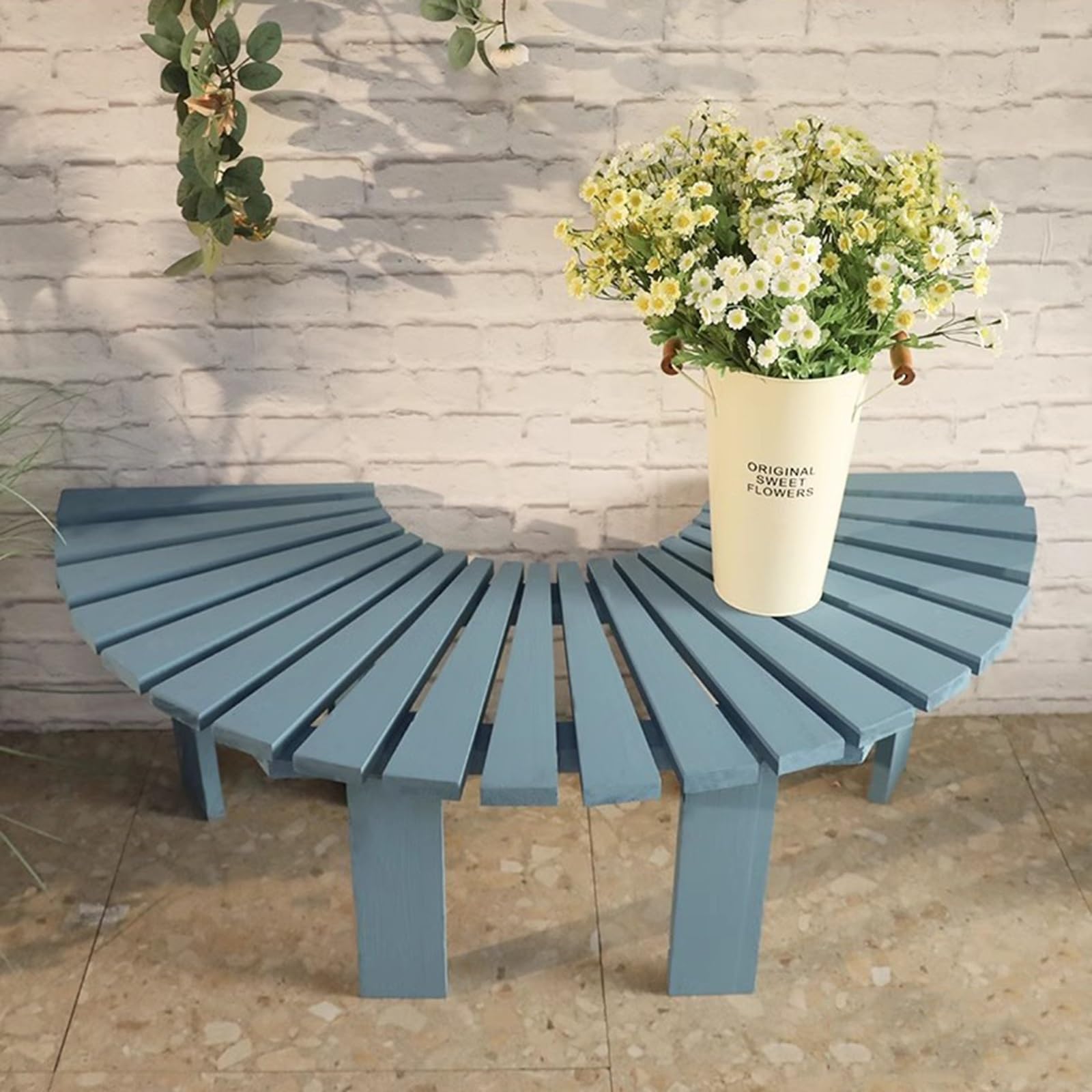 Banc de jardin en bois extérieur semi-circulaire bleu pour patio et pelouse