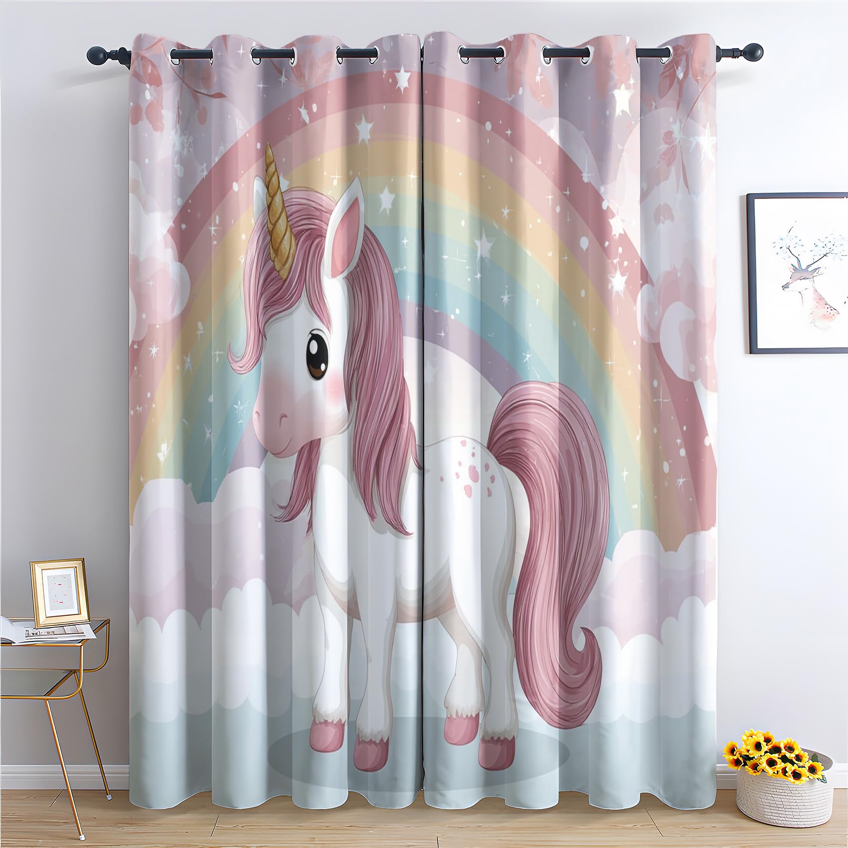 Venivici Unicorn Blackout Curtains for Bedroom Living Room - 108 Inch Drop Curtains Eyelet, Girls Cartoon Rainbow Patterned Window Treatments, Thermal Insulated Drapes 90x108 2 Panels