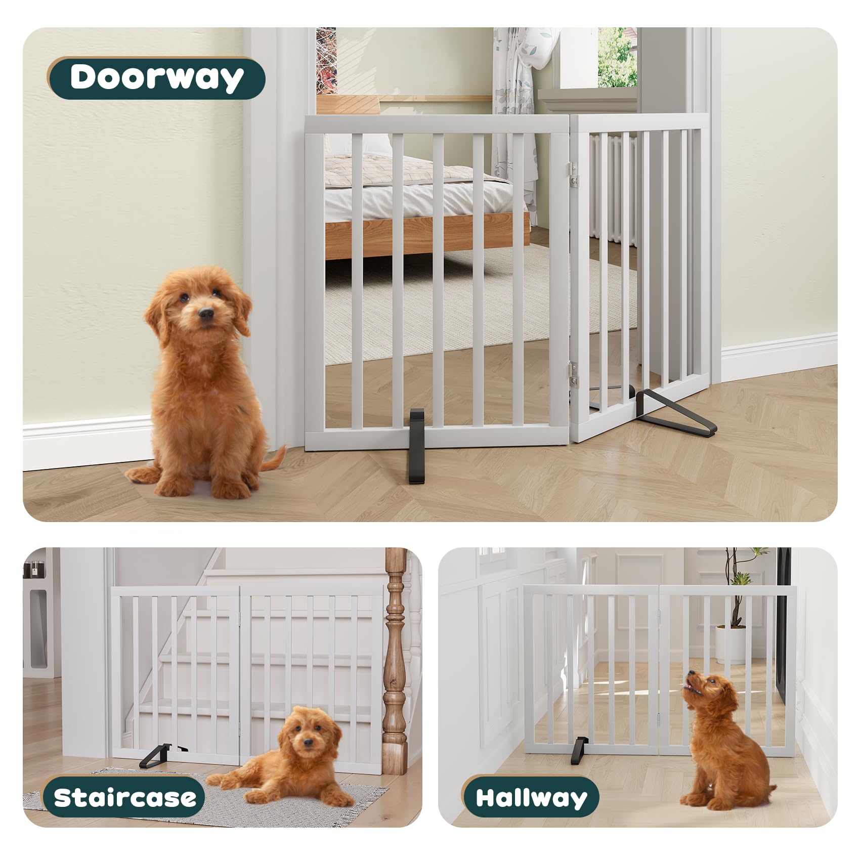 Semiocthome Puertas de bambú independientes para perros, 2 paneles, puertas interiores para cachorros, 24 pulgadas de alto, blanco