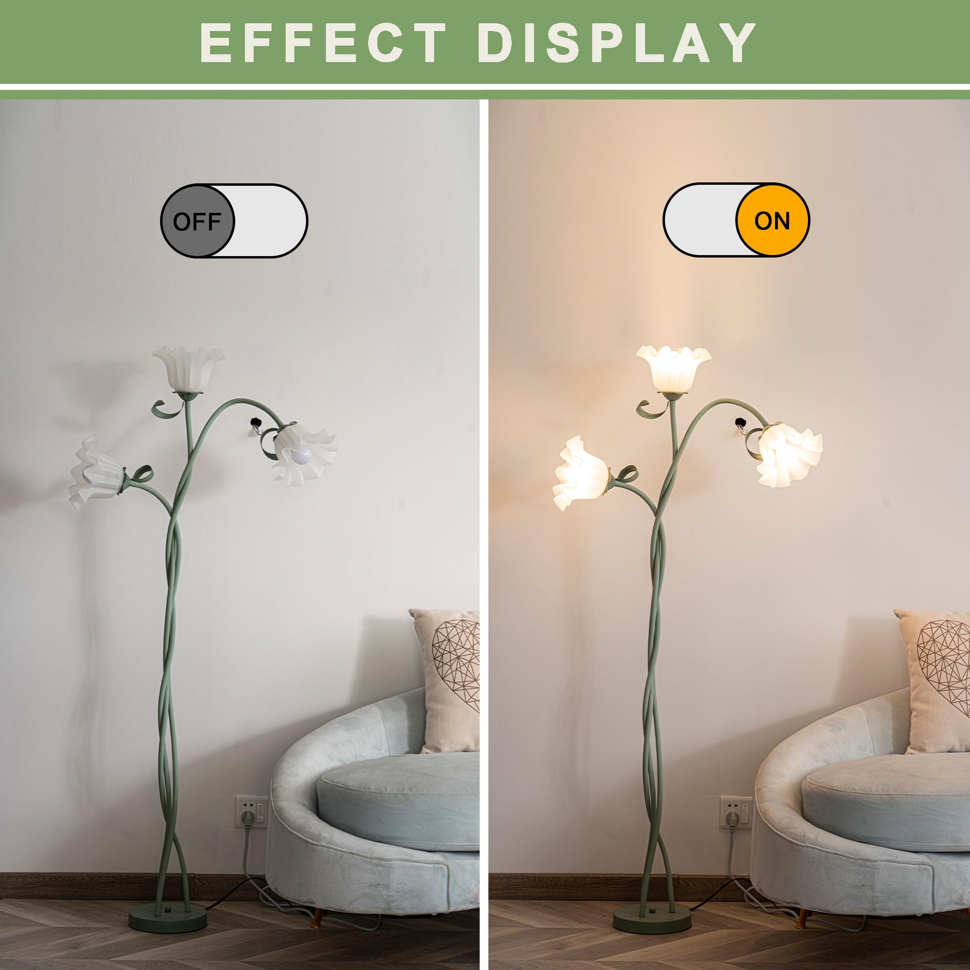 GrüNe Stehlampe Wohnzimmer,Europäische DIY Eisen Stehlampe Mit 3 Drehbaren Blumen,170 Cm Moderne Floor Lamp Geeignet FüR Schlafzimmer,Wohnzimmer,Arbeitszimmer,BüRo,Inklusive 3 GlüHbirnen