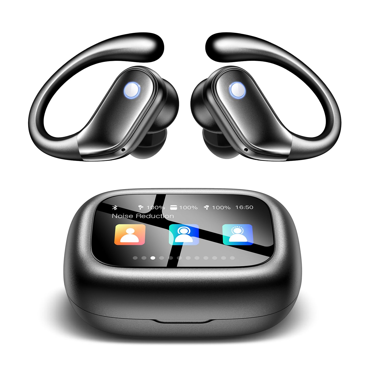 Wireless Earbuds, ENC Noise Cancelling Sport Ear Buds with Multifunctional Touch Screen, Bluetooth 5.4 Headphones, Bass Stereo Sound, 5 EQ Over-Ear Earbuds for Sports/Workout/Gym-Black