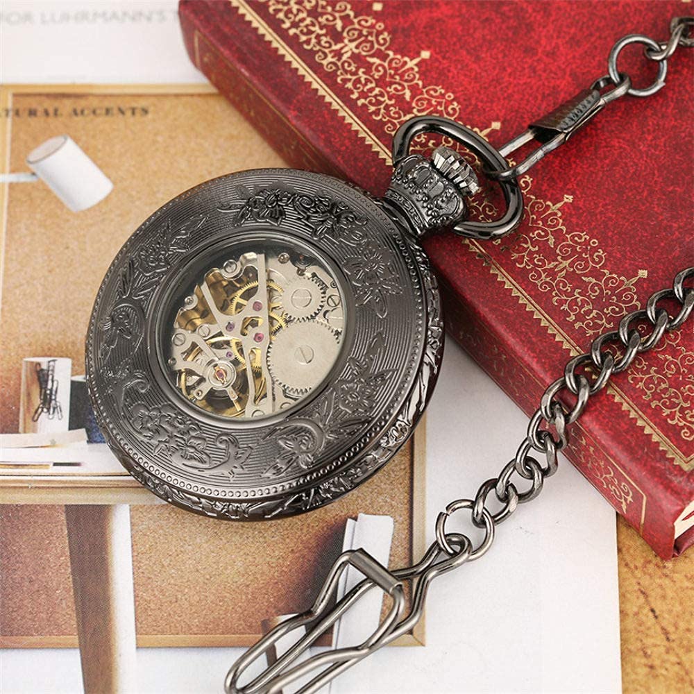 Montre de poche sculptée classique montres-bracelets Fob Watchk, montre mécanique rétro à remontage manuel chiffres romains affichage squelette Steampunk Fob pendentif horloge montres Vintage noir