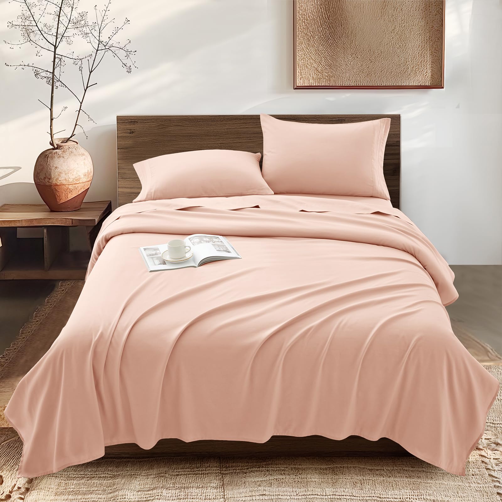 Vonty Queen Size Bed Sheets Pink Sheet Set - 1800 Thread Count Sheets 4 Piece Microfiber Sheet Set