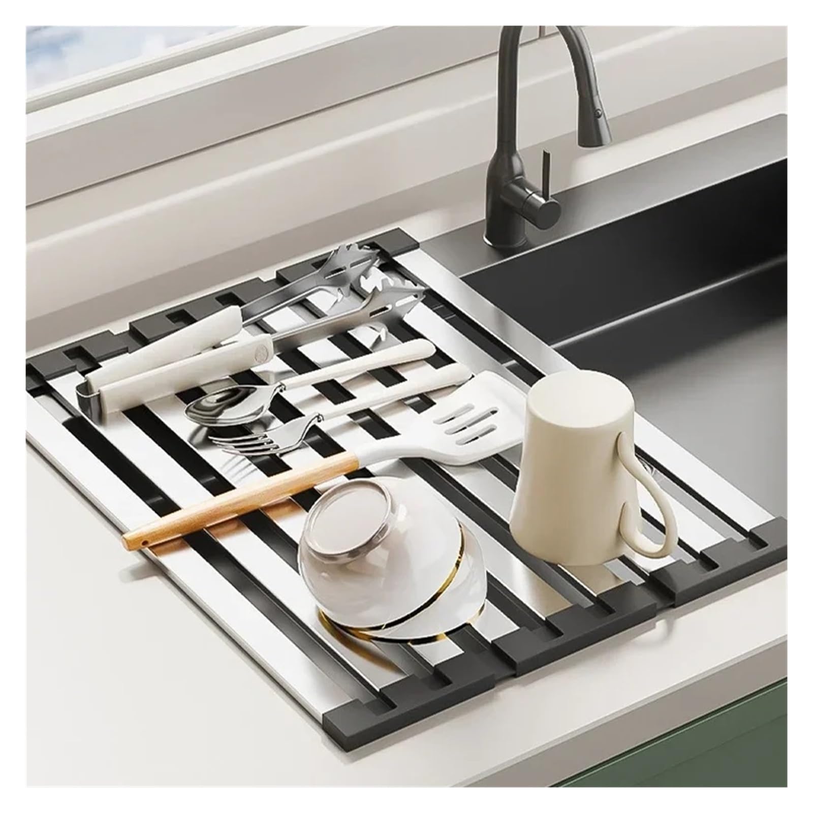 escurridor de Platos Plegable Silicona Soporte for Fregadero de Cocina, escurridor, Acero Inoxidable for y Platos, Cesta Drenaje Plegable retráctil(60x32.5cm)