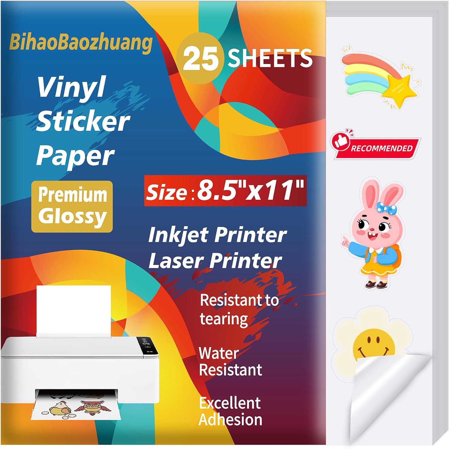100 Sheets Premium Glossy Printable Vinyl Sticker Paper for Inkjet & Laser Printer - White Waterproof, Dries Quickly Vivid Colors, Holds Ink well- Tear Resistant