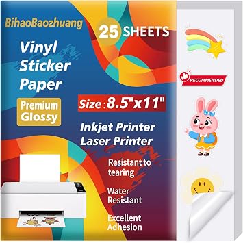 BihaoBaozhuang-Printing papers-25 Sheets Premium Glossy Printable Vinyl Sticker Paper for Inkjet & Laser Printer - White Waterproof, Dries Quickly Vivid Colors, Holds Ink well- Tear Resistant