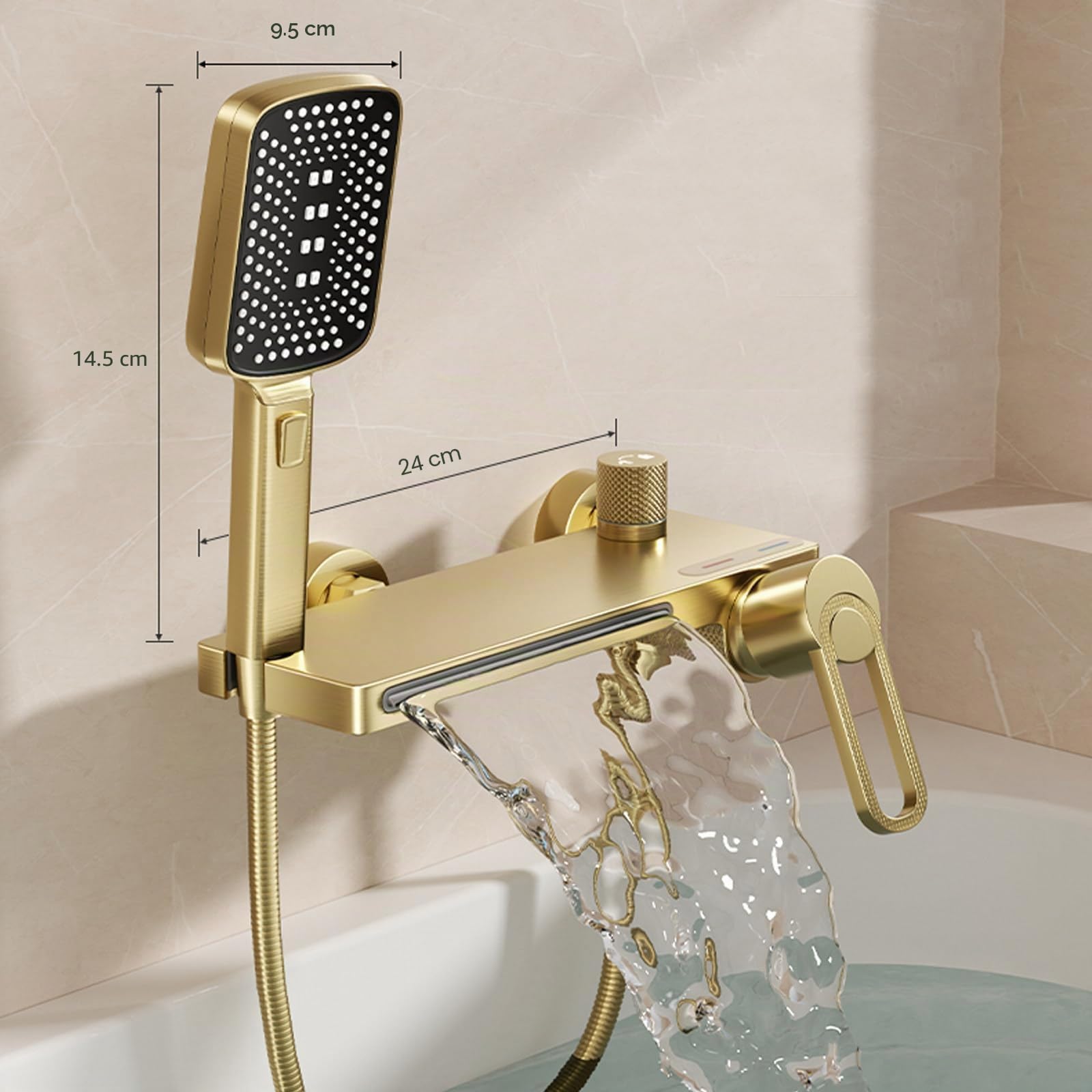 Grifo Bañera, Grifo Ducha Cascada Alto Flujo | Latón, Monomando Mezclador de Bañera, Agua Caliente y Fría Regulable, Incluir Alcachofa 3 Modos, Manguera de 150 cm