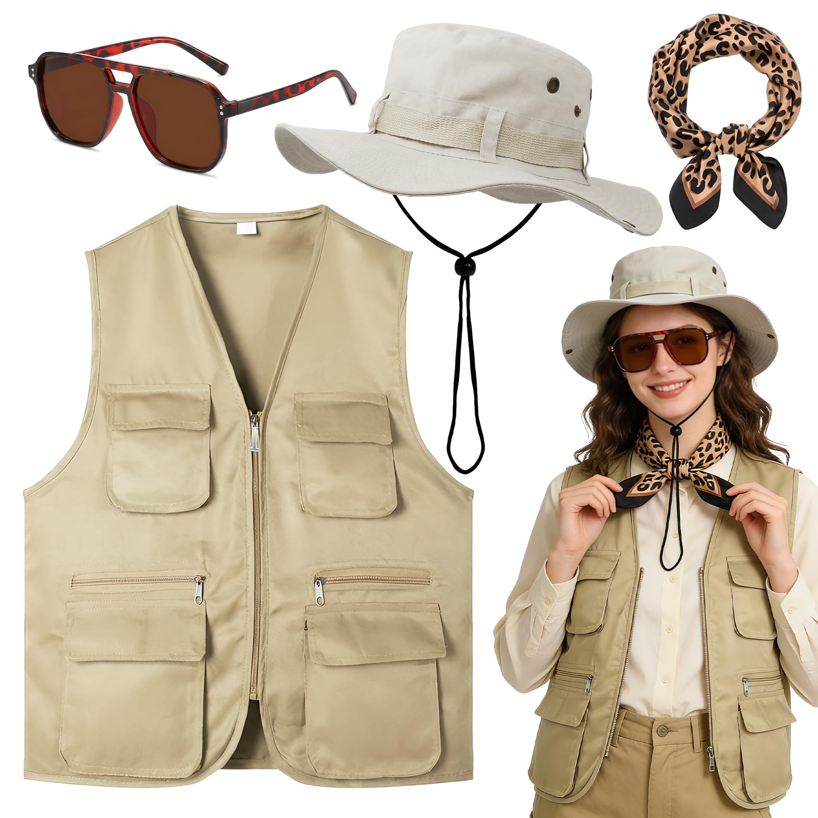 Wynlora 4Pcs Safari Costume Set for Women, Zoo Keeper Costume Accessory with Vest Explorer Hat Scarf Sunglasses for Outdoor Adventures Carnivals Theme Parties Cosplay (Style-2)