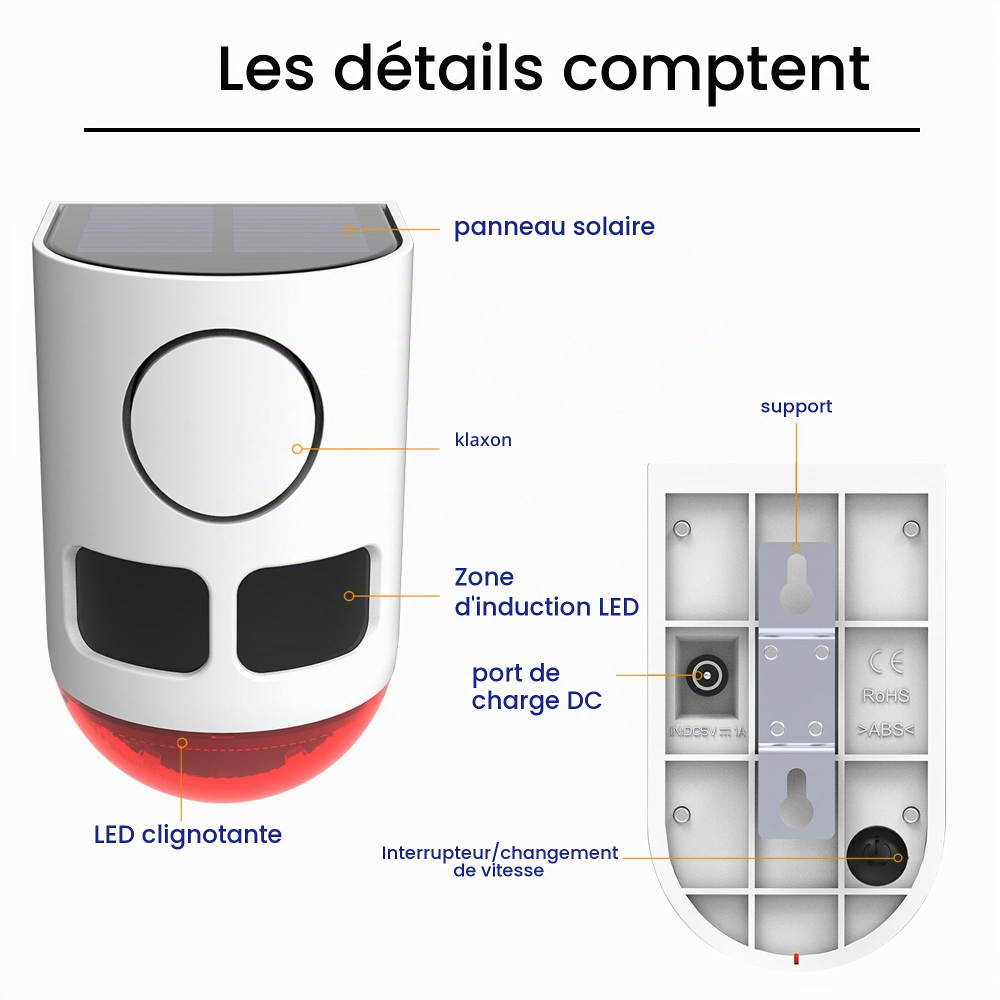 Détecteur de Mouvement Solaire extérieur - 110 DB - Bruit Fort - 4 Modes de Fonctionnement - Lumière stroboscopique avec USB - pour la Maison, la Villa, la Cour, Le poulailler, la Ferme, la