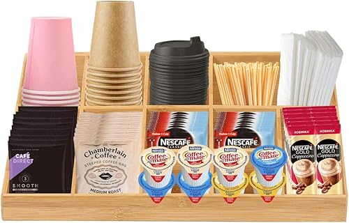 Miniatura 1 de Tirrito Organizador de condimentos de café, estación de café de bambú marrón de 11 compartimentos para encimera, accesorios de barra de café