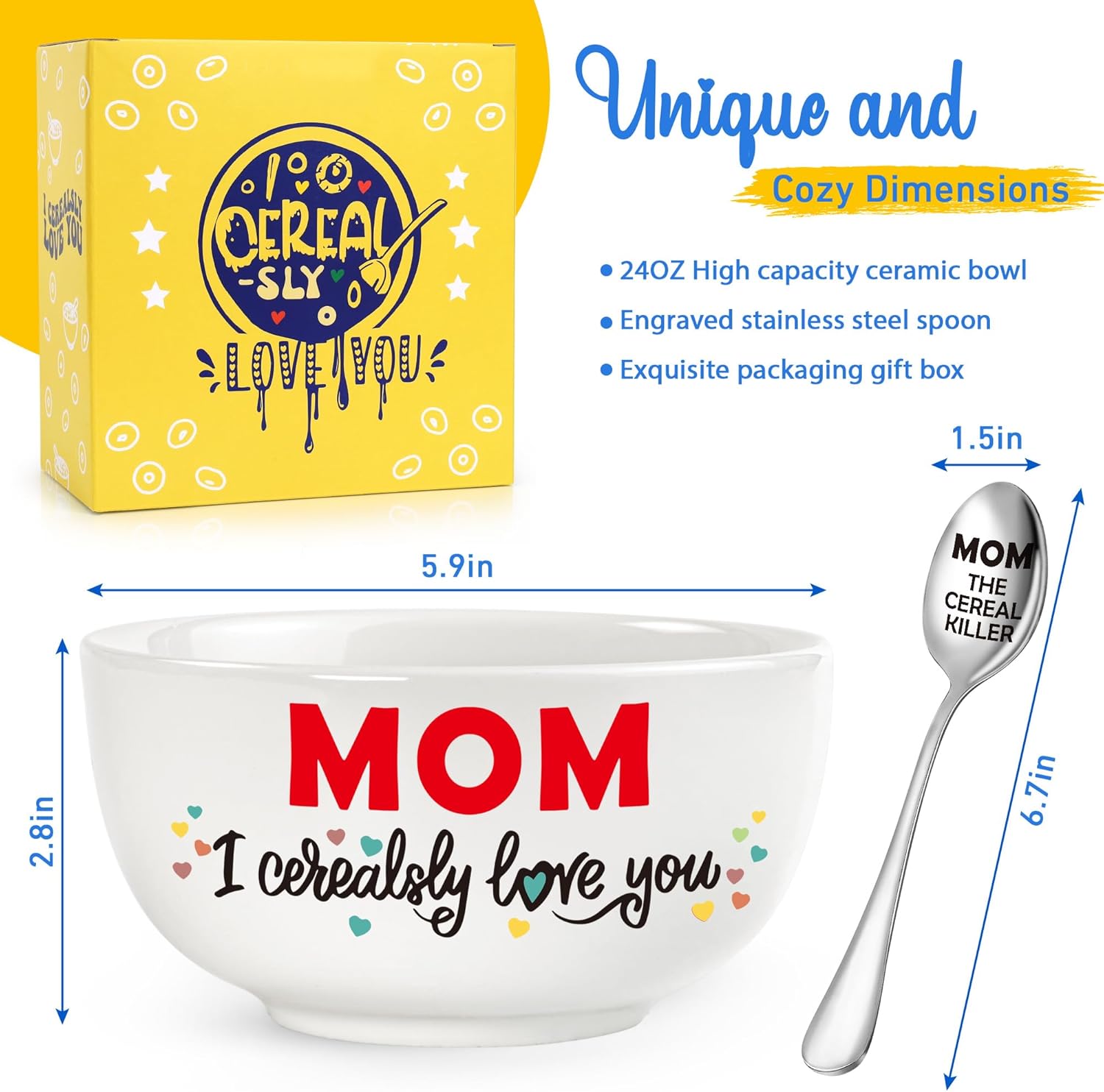 BackURyear Unique Mom Birthday Gifts from Daughter Son, Mom I Cerealsly Love You, Funny Moms Gift Ideas for Christmas from Kids, Best Moms Ever Gifts, Cereal Bowl Presents Box
