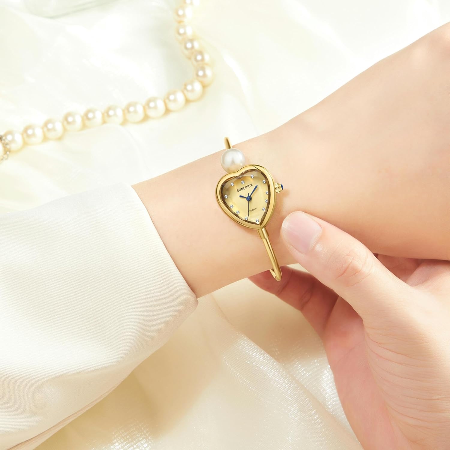 MASTOP Heart Shaped Bracelet Watch for Women, Dainty Gold Jewelry Style Wrist Watch with Pearl Accent, Small Wrist Dress Watch for Gift - Image 3