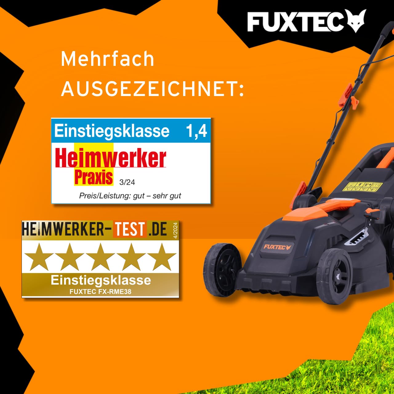 FUXTEC Elektro Rasenmäher mit Kabel FX-RME38-38cm mit 40L Grasfangkorb - nur 12kg - Schnitthöhe 20-70mm - 1600Watt & 220V