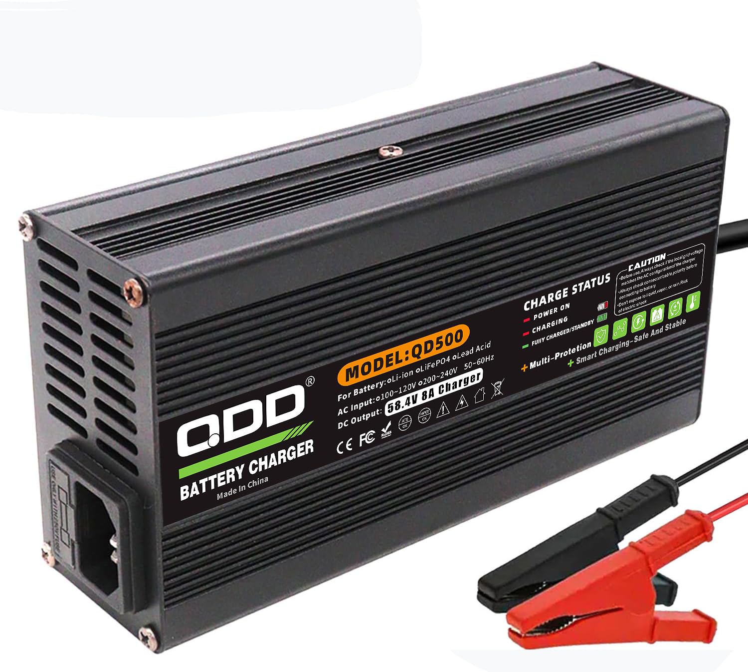 Caricabatterie LiFePO4 da 58,4 V 8 A per batteria LiFePO4 16S 48 V, alloggiamento in alluminio nero con protezione di sicurezza per sistema di raffreddamento, connettore a coccodrillo DC