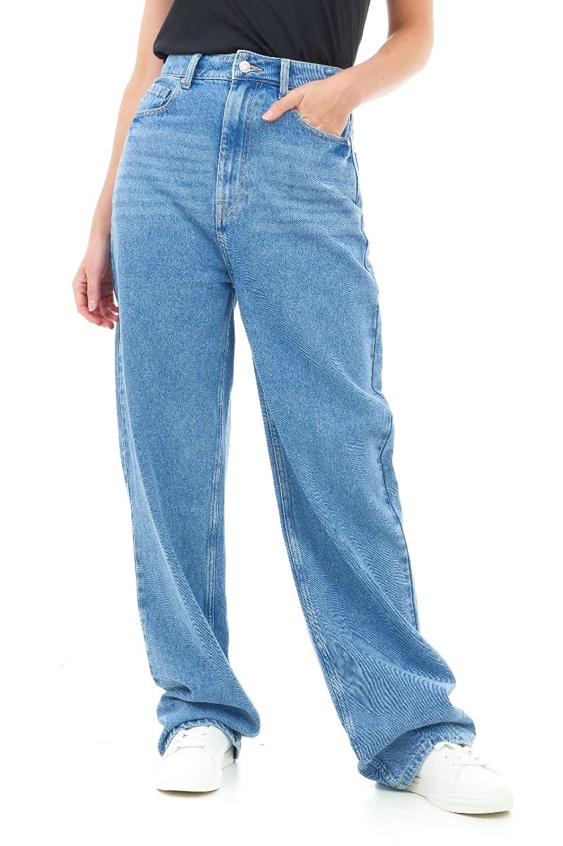 M17 Womens Ladies Denim Jeans Straight Leg High Rise Comfy Casual Cotton Trouser Pants with Pockets (8, Mid Blue)