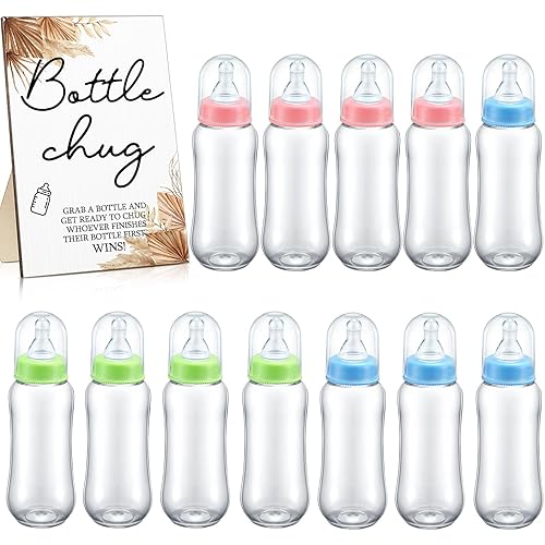 Roowest Bottle Chug Baby Shower Game Favors 12 piezas de botellas de baby shower con 1 letrero de madera para revelación de género suministros de