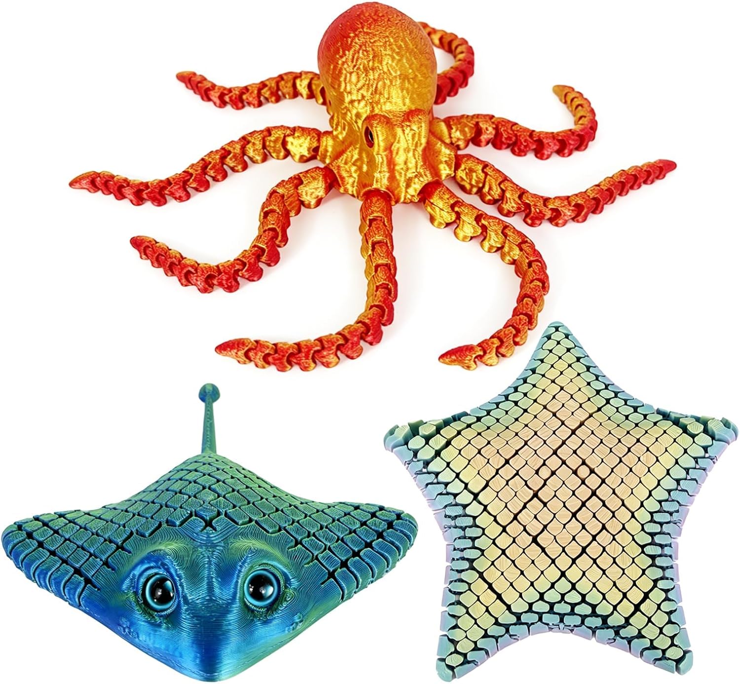 3 Pcs 3D Printed Articulated Fidget Toys – Octopus, Ray & Starfish Flexible Desk Decor, Posable Sea Creature Figures, Handheld Stress Relief Objects for Office Workspace