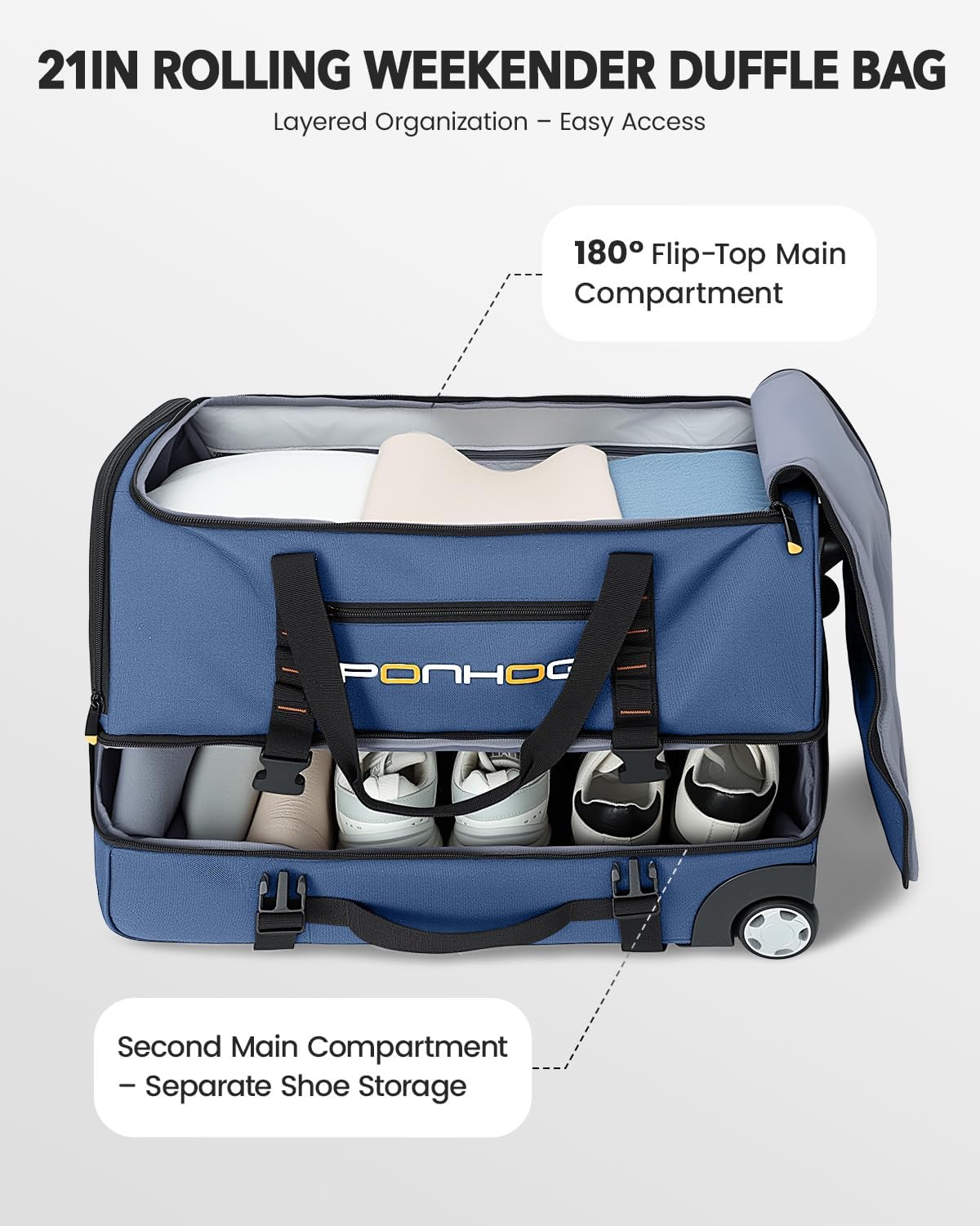 21 Inch Rolling Duffle Bag with Wheels for Men - Water Resistant Wheeled Duffle Bag for Weekend Travel & Overnight Trips, Blue - Image 2